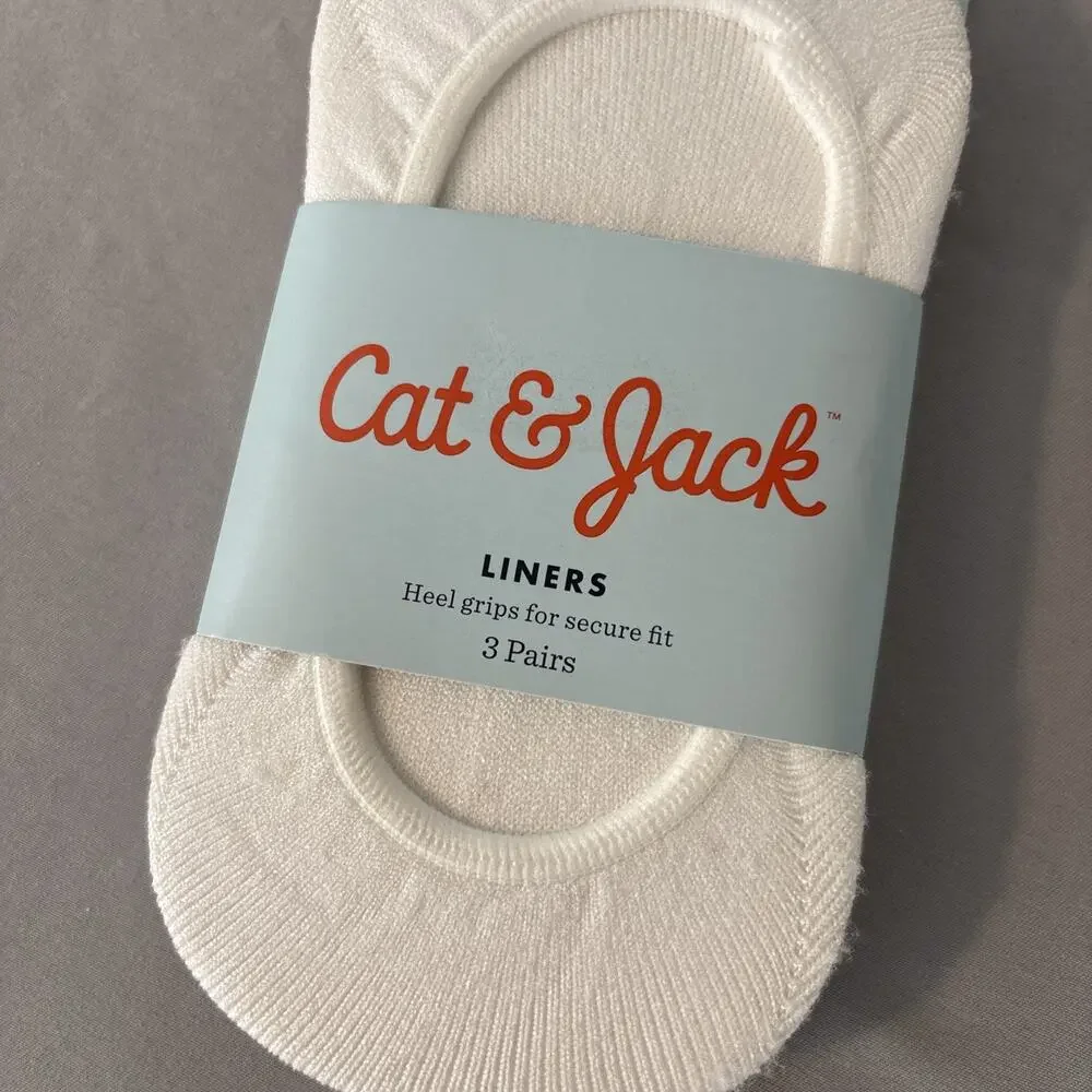 Cat & Jack Girls Liners No-Show Socks Heel Grips White Pink Black, 3 Pairs, Sz S